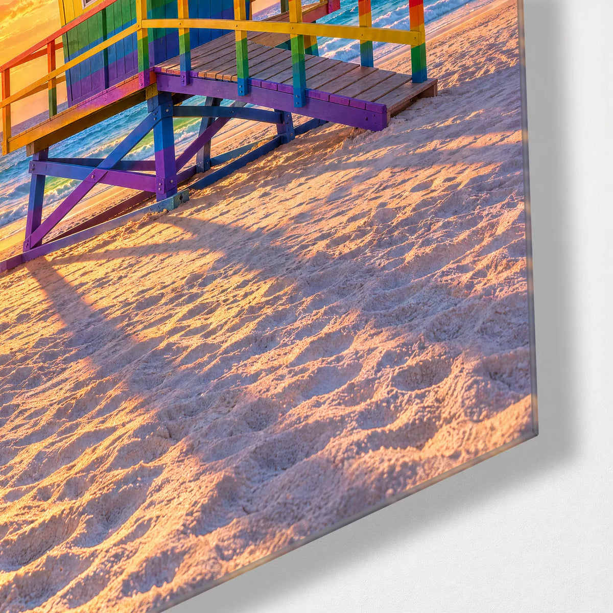 Rainbow Lifeguard Tower — corner detail of glass wall art