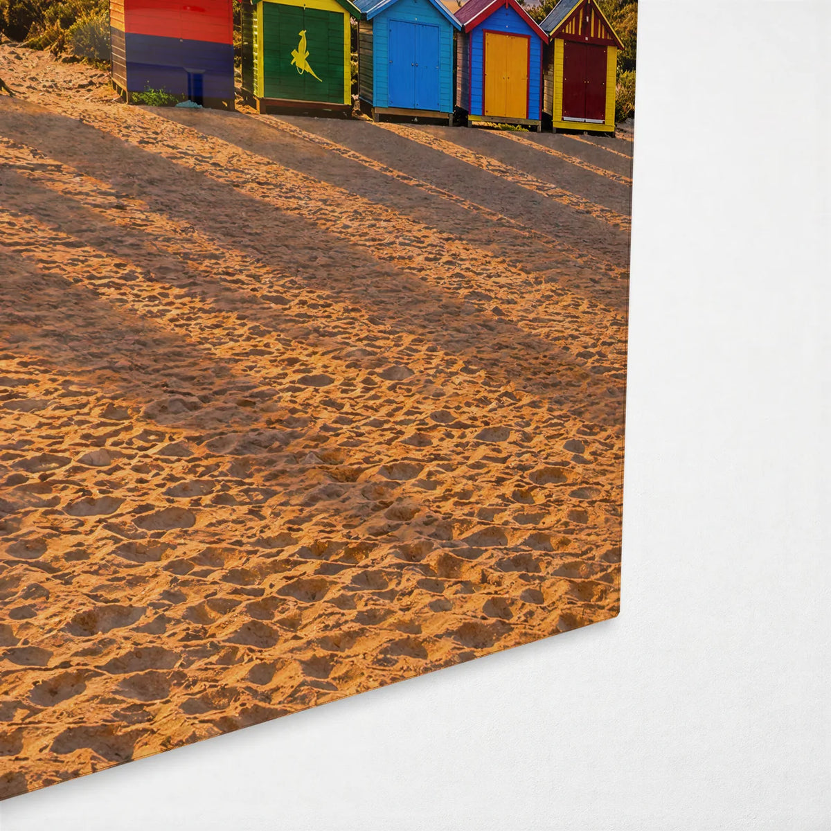 Beach Huts at Sundown — corner detail of glass wall art
