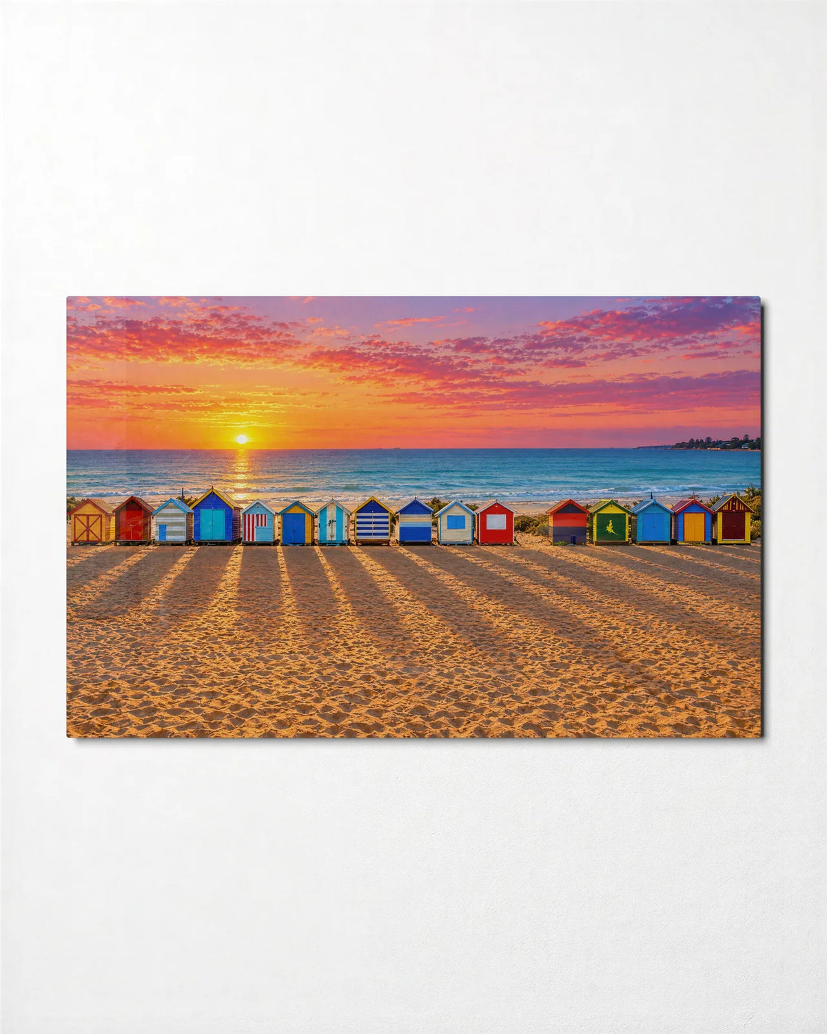 Beach Huts at Sundown — front view of glass wall art