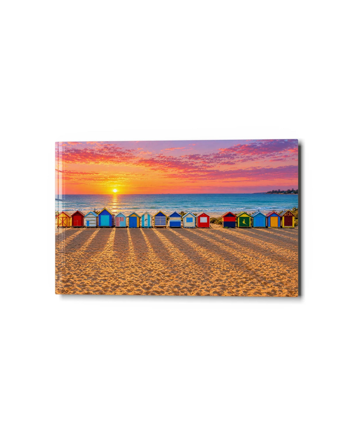 Beach Huts at Sundown — studio view of glass wall art