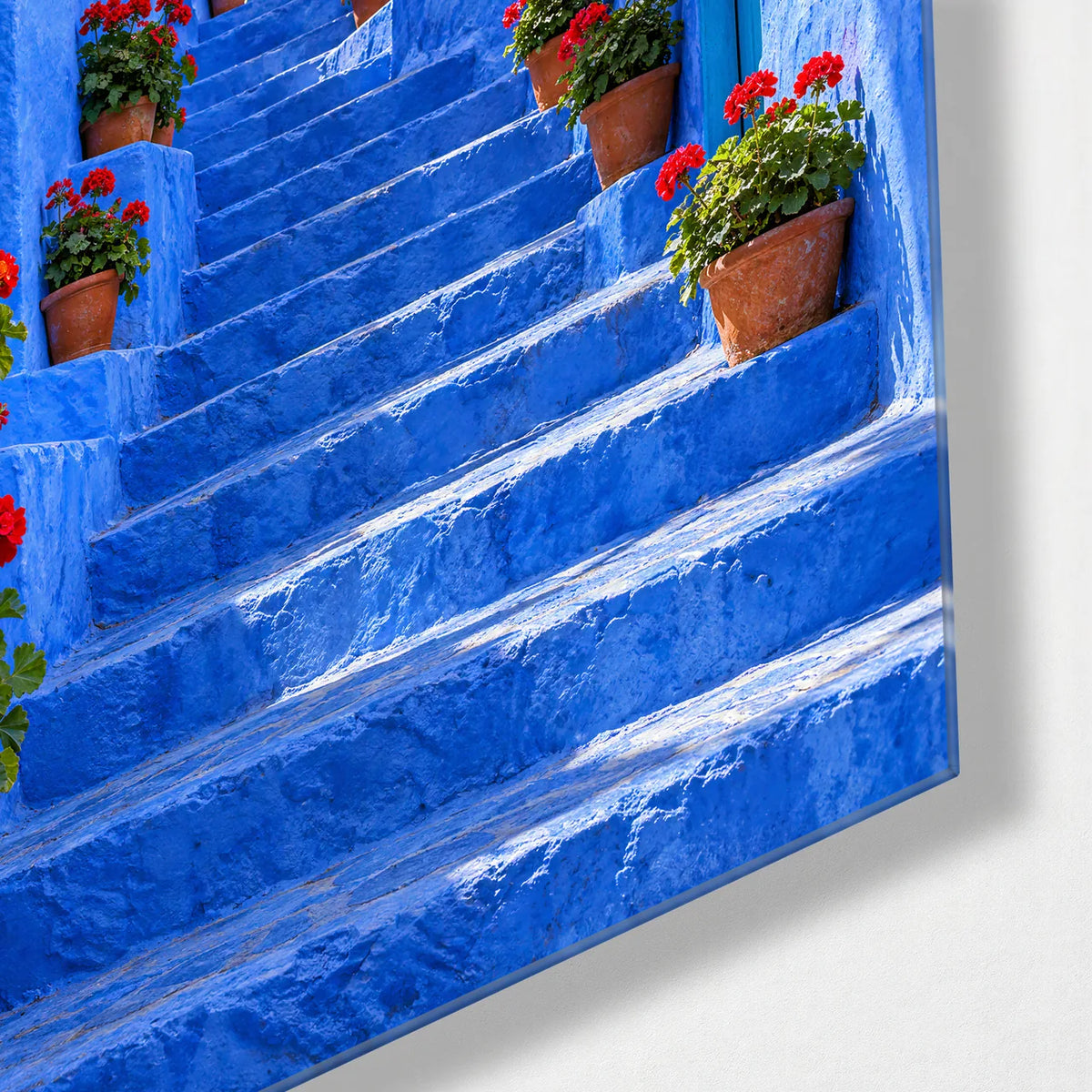 Chefchaouen Blue Steps — corner detail of glass wall art