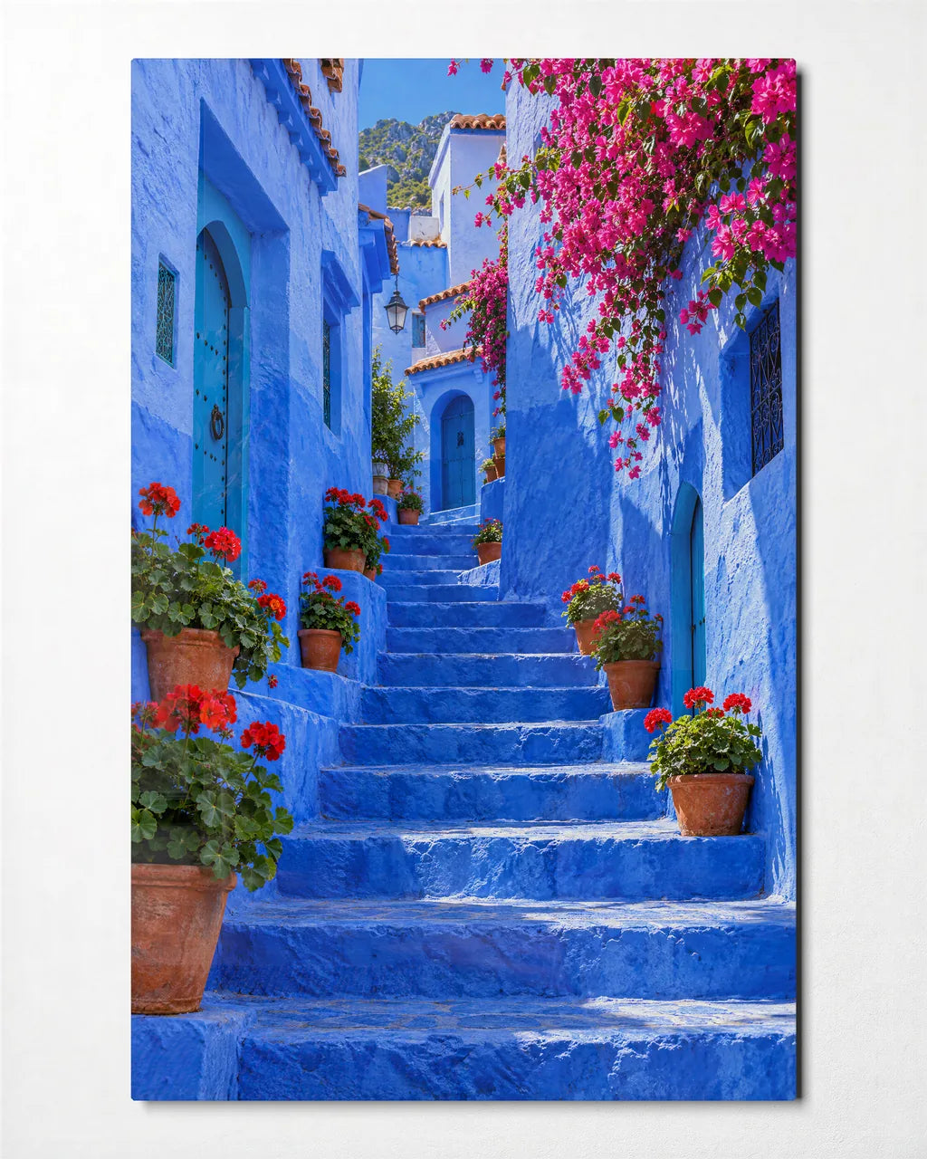 Chefchaouen Blue Steps — front view of glass wall art