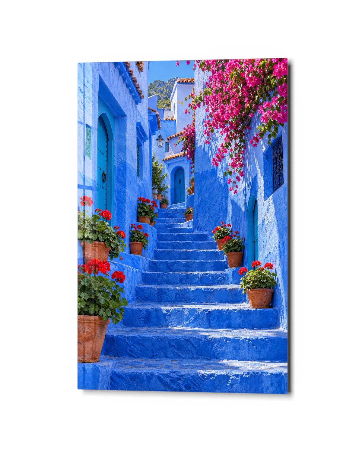 Chefchaouen Blue Steps — studio view of glass wall art