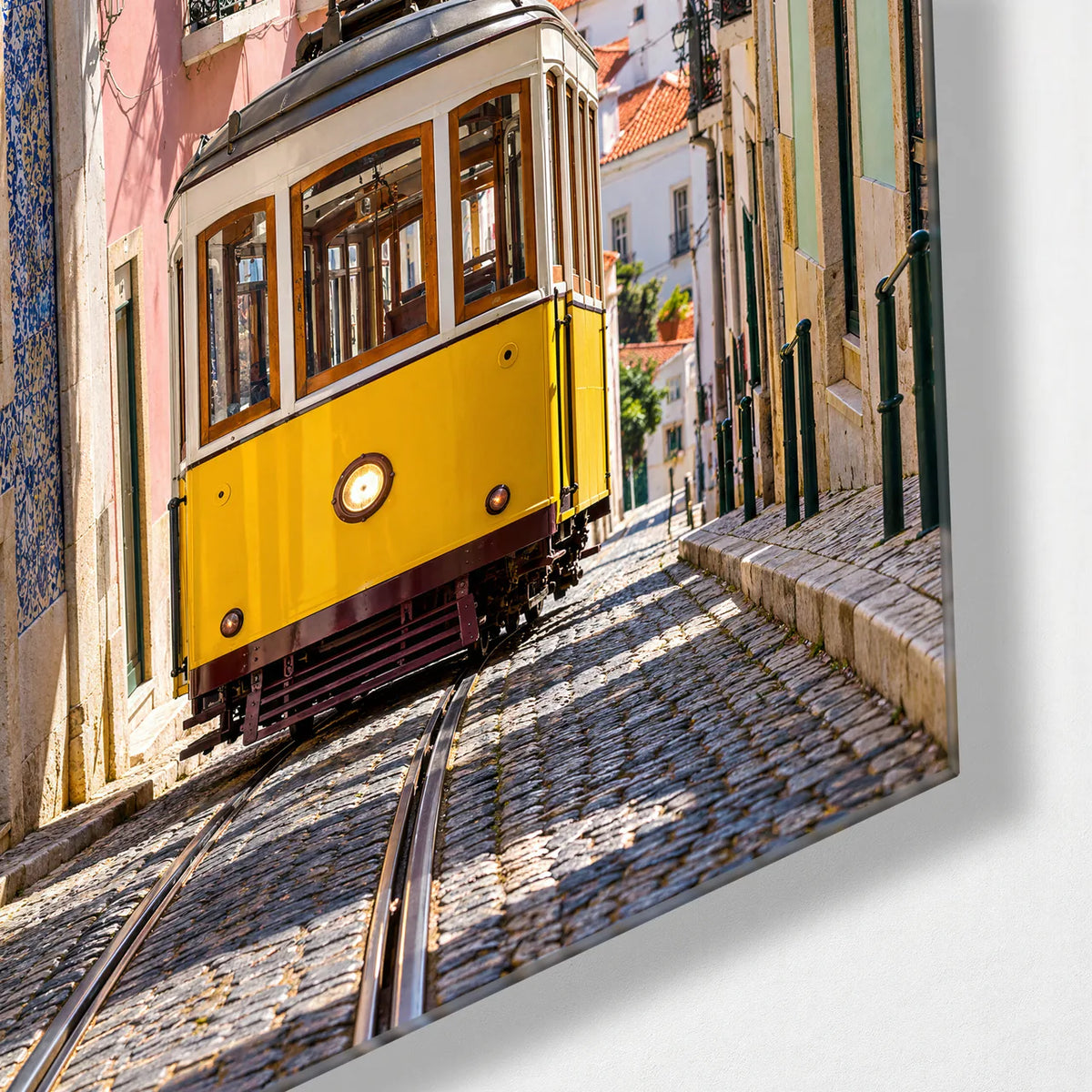 Lisbon Yellow Tram — corner detail of glass wall art