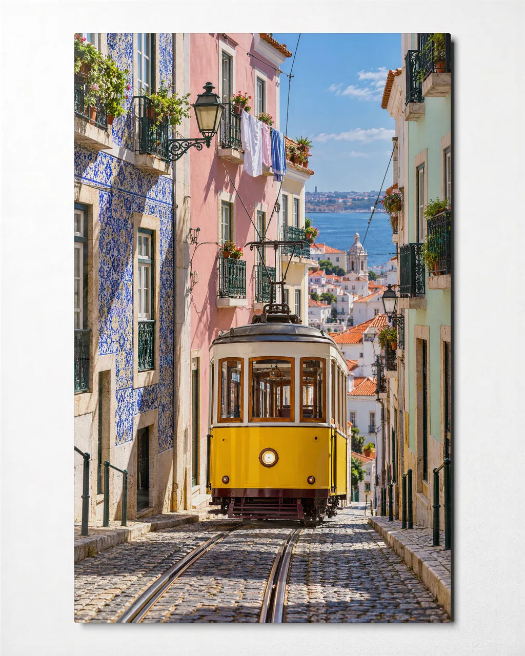 Lisbon Yellow Tram — front view of glass wall art