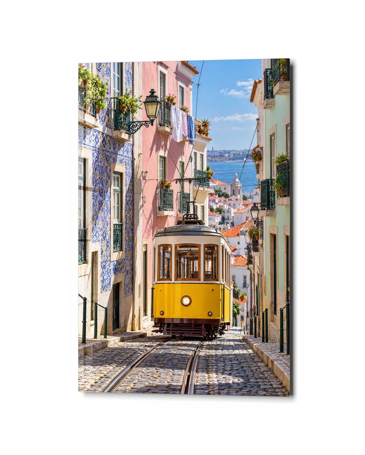 Lisbon Yellow Tram — studio view of glass wall art