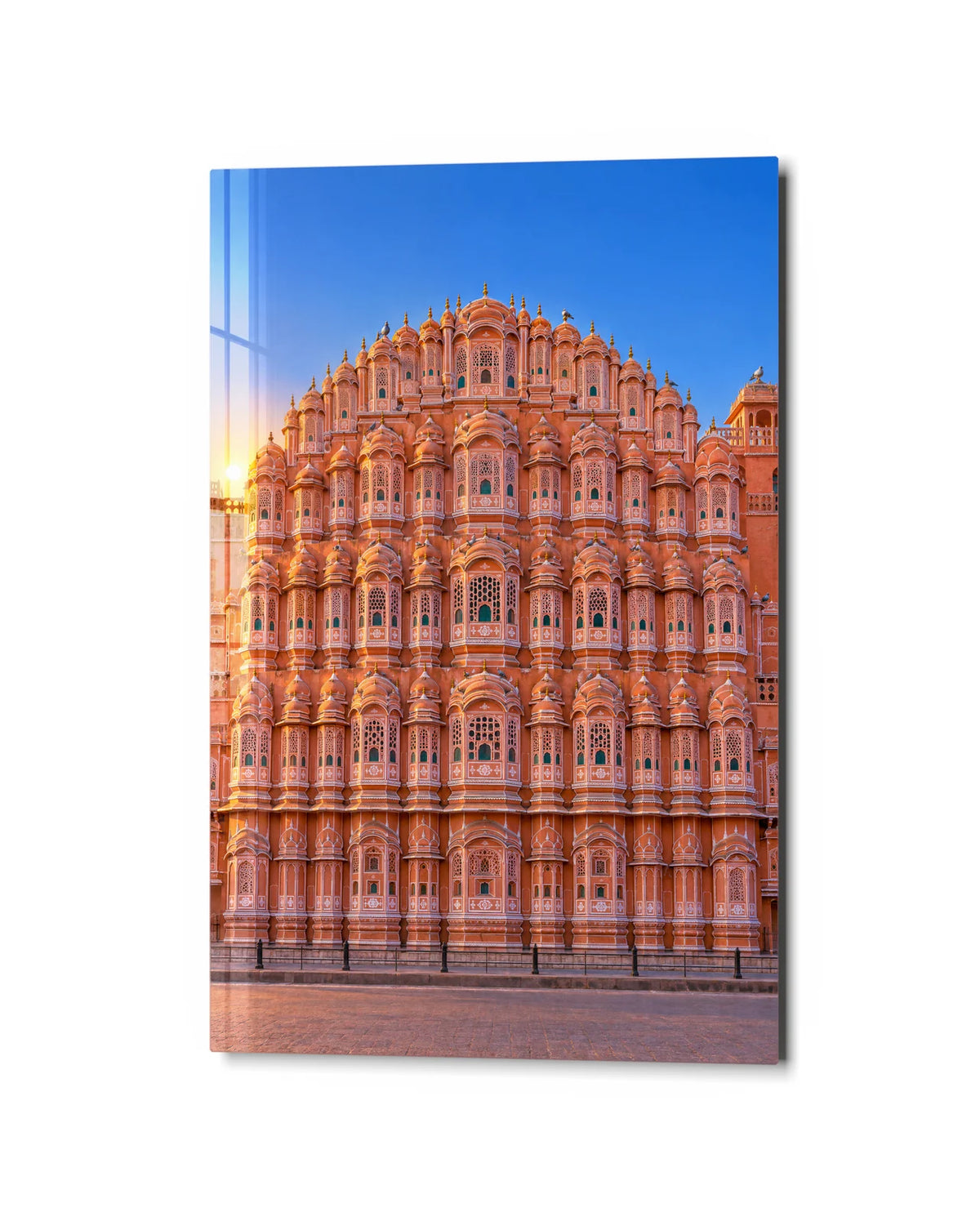 Hawa Mahal at Sunrise — studio view of glass wall art