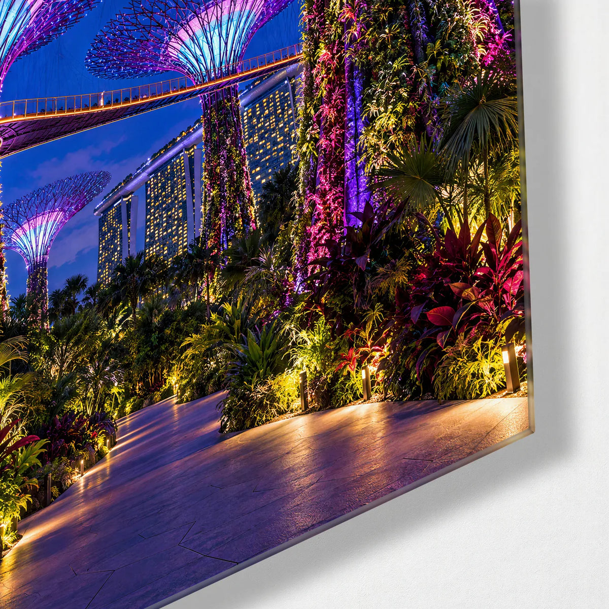 Garden Towers at Night — corner detail of glass wall art