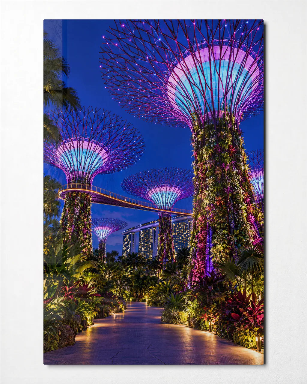 Garden Towers at Night — front view of glass wall art
