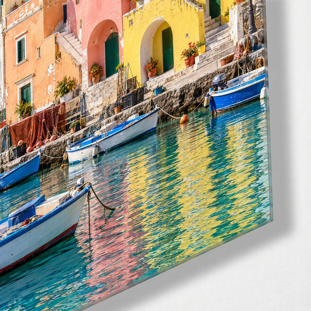 Procida Harbour — corner detail of glass wall art
