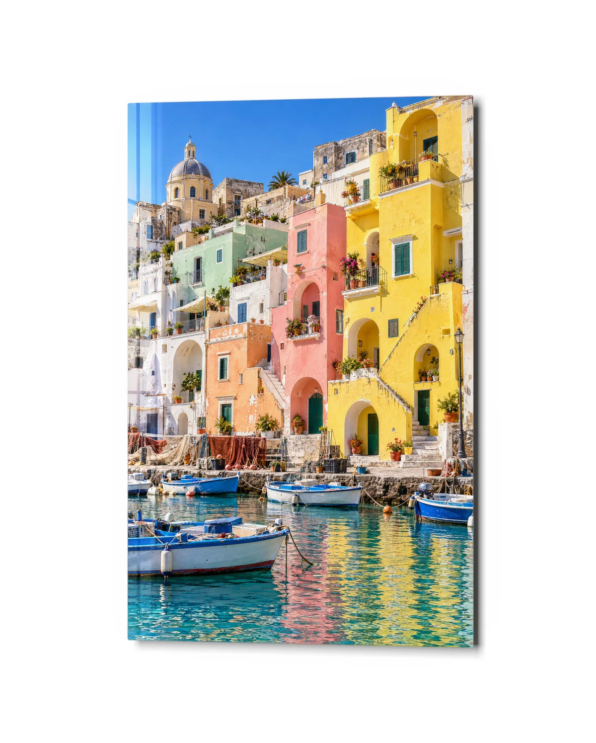 Procida Harbour — studio view of glass wall art
