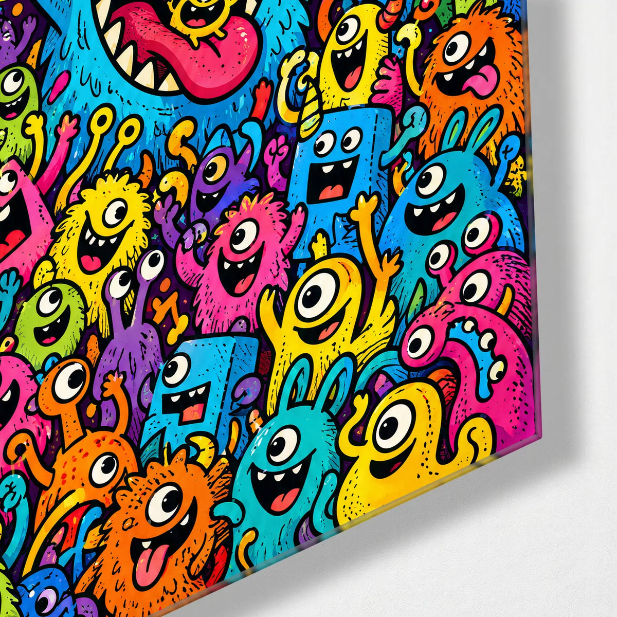 Monster Block Party — corner detail of glass wall art