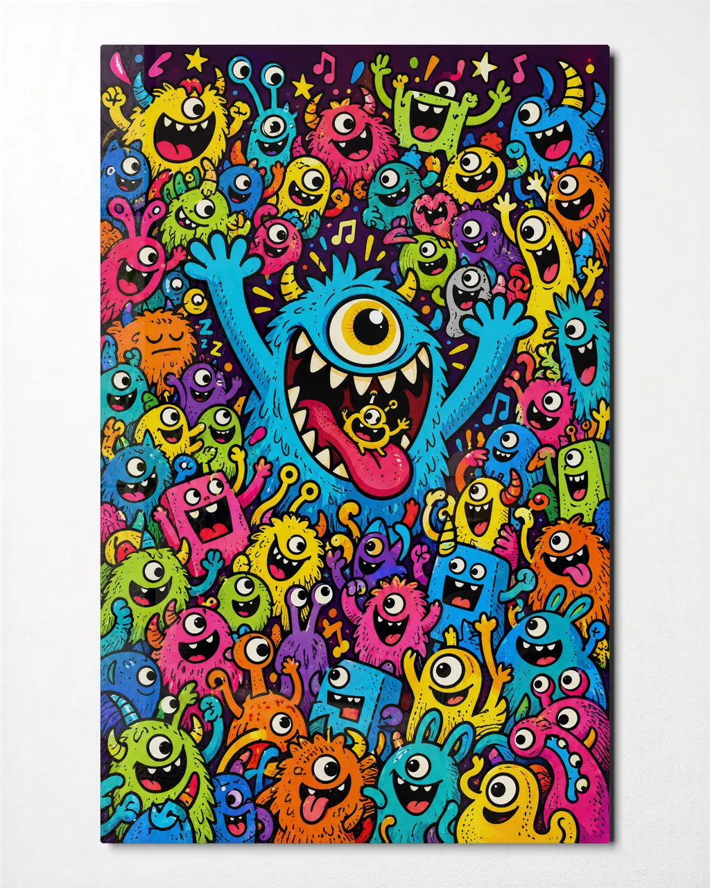 Monster Block Party — front view of glass wall art