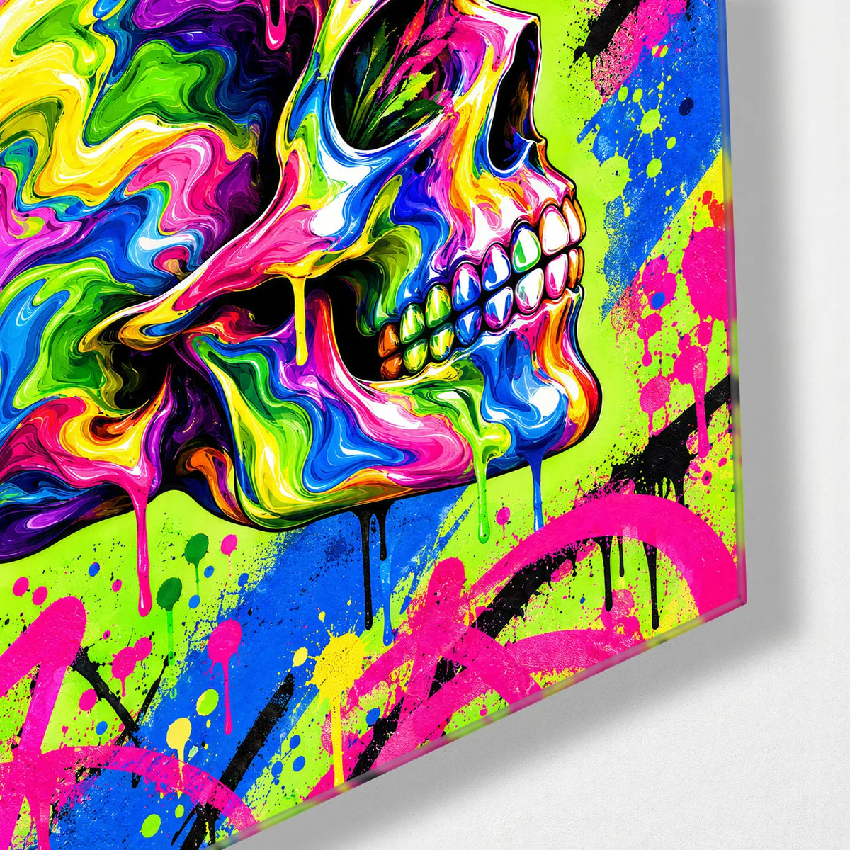 Skull in Bloom — corner detail of glass wall art