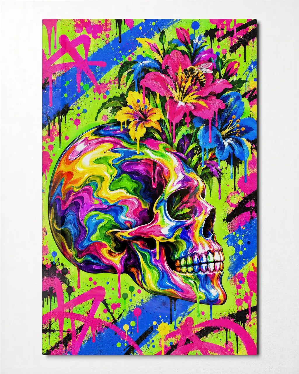 Skull in Bloom — front view of glass wall art