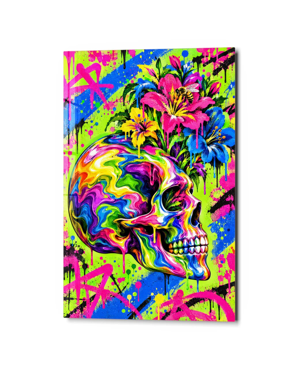 Skull in Bloom — studio view of glass wall art