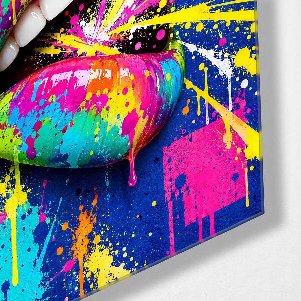 Neon Splash Lips — corner detail of glass wall art