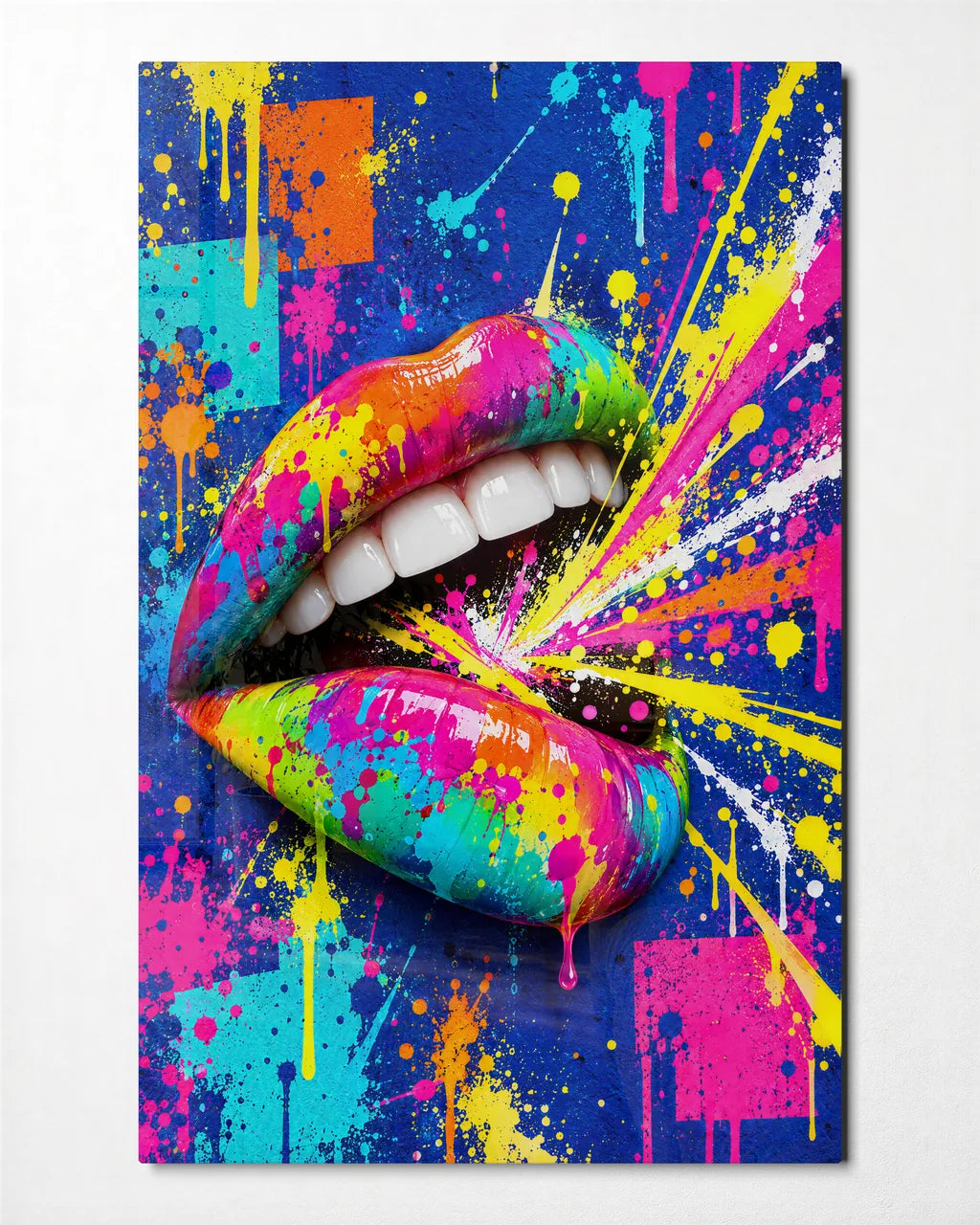 Neon Splash Lips — front view of glass wall art