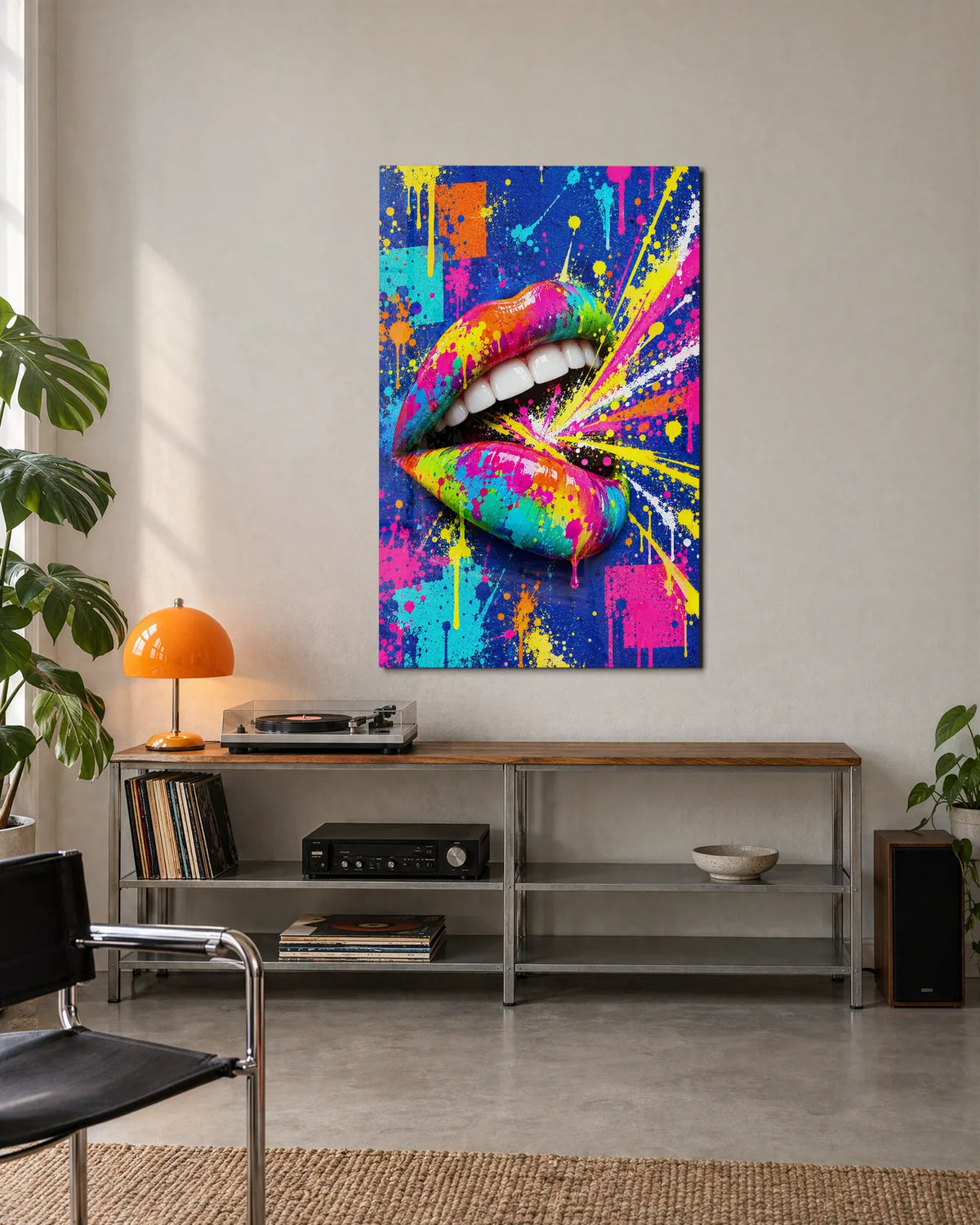 Neon Splash Lips — shown in a living space