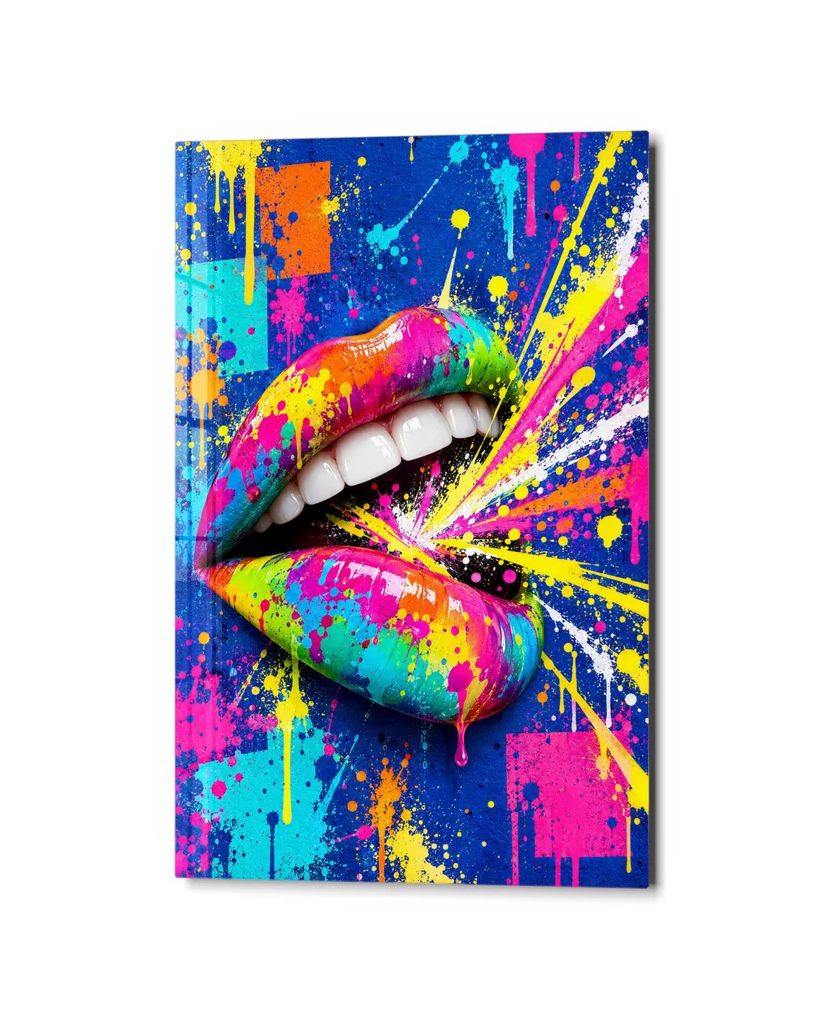Neon Splash Lips — studio view of glass wall art