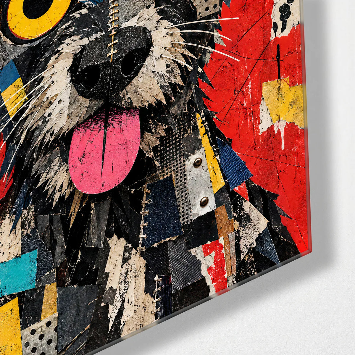 Patchwork Pup — corner detail of glass wall art