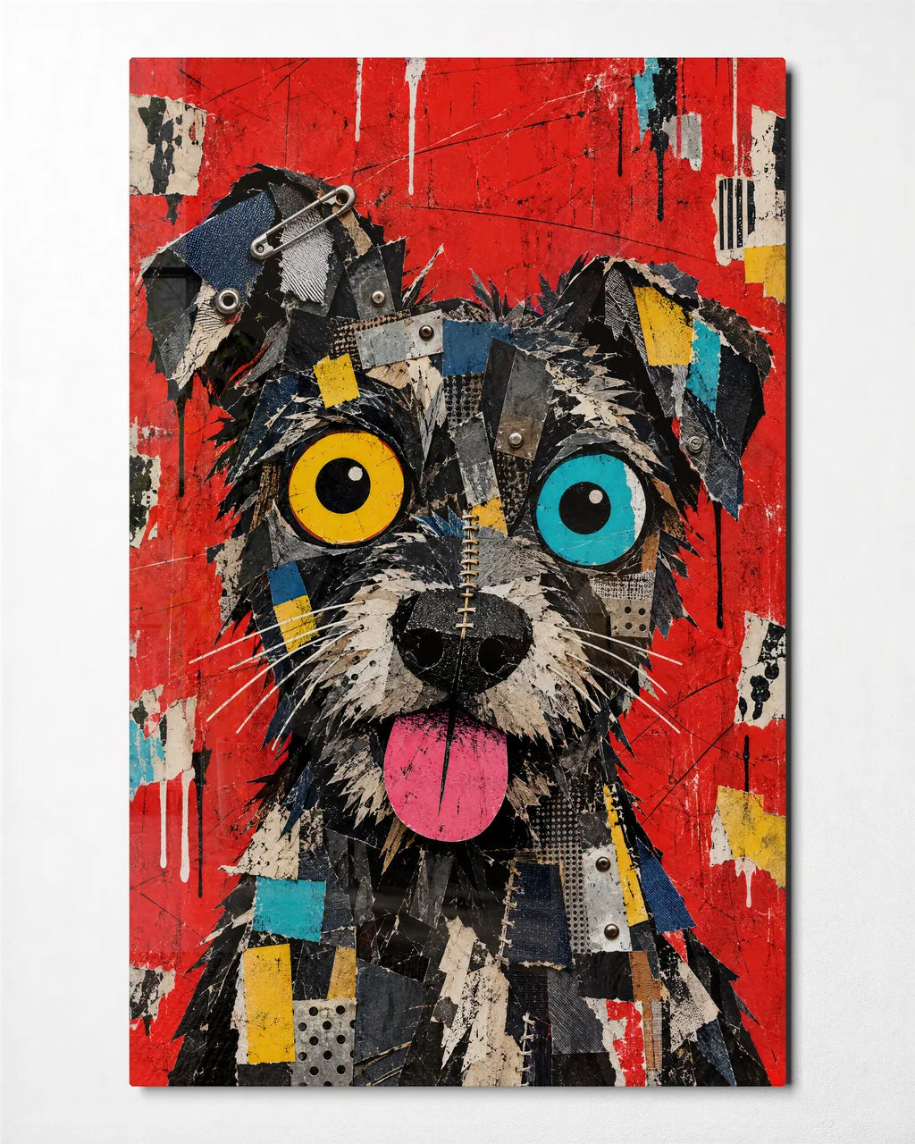 Patchwork Pup — front view of glass wall art