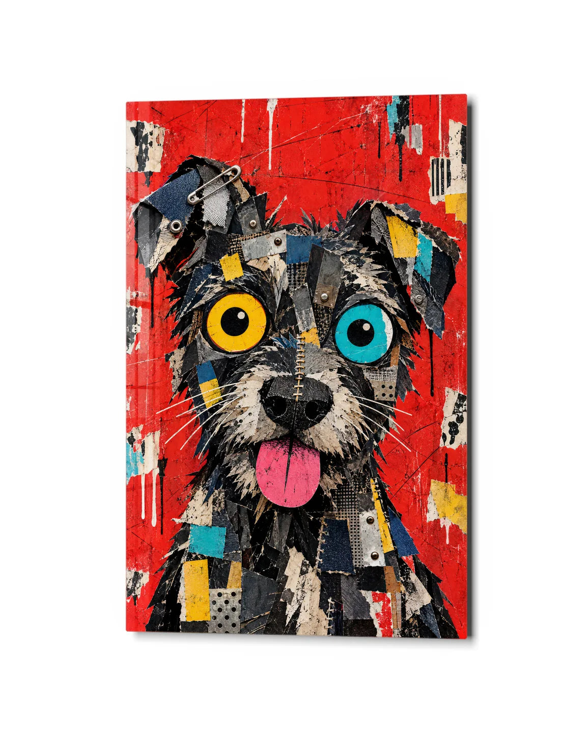Patchwork Pup — studio view of glass wall art