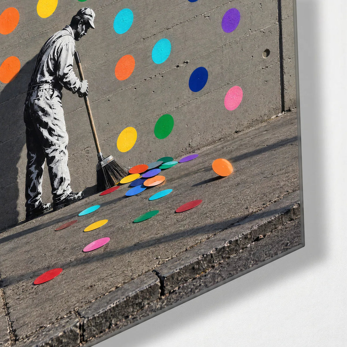 Sweeping Up the Dots — corner detail of glass wall art