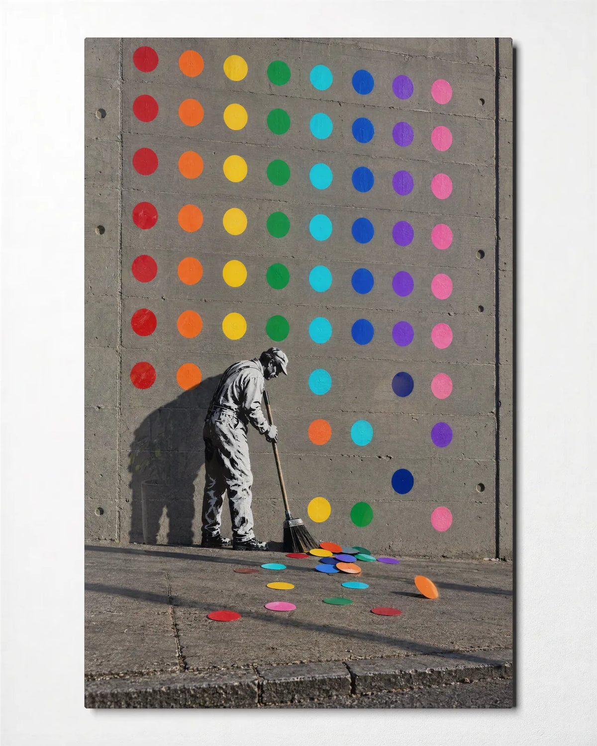 Sweeping Up the Dots — front view of glass wall art