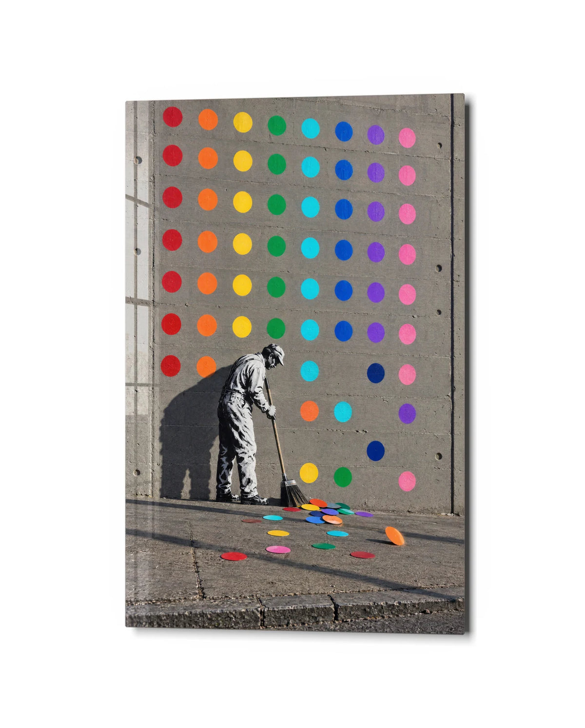 Sweeping Up the Dots — studio view of glass wall art