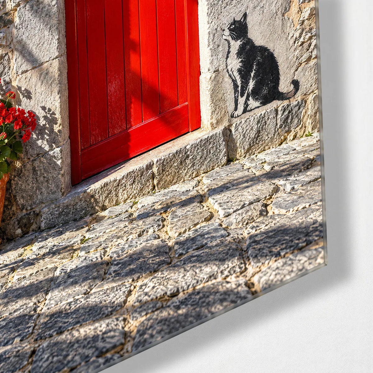 Cat by the Red Door — corner detail of glass wall art