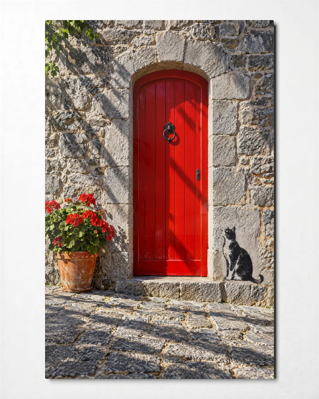 Cat by the Red Door — front view of glass wall art