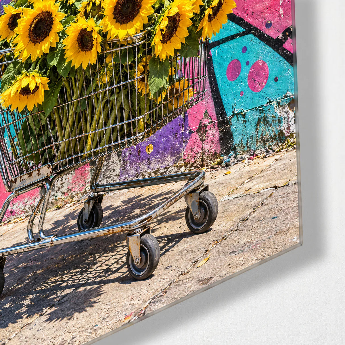 Trolley of Sunflowers — corner detail of glass wall art