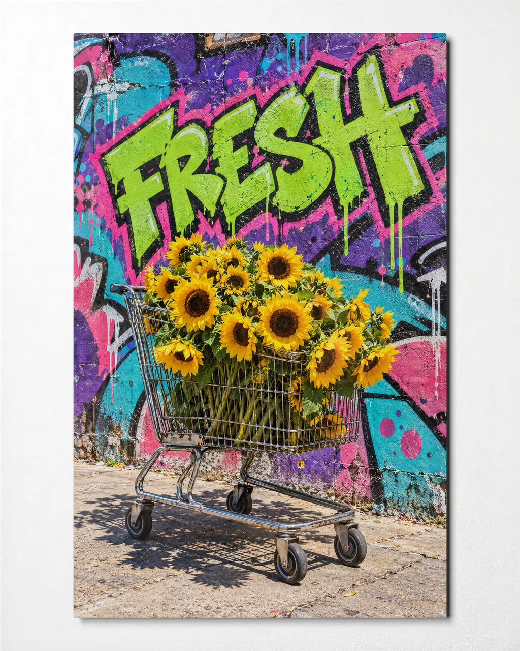 Trolley of Sunflowers — front view of glass wall art
