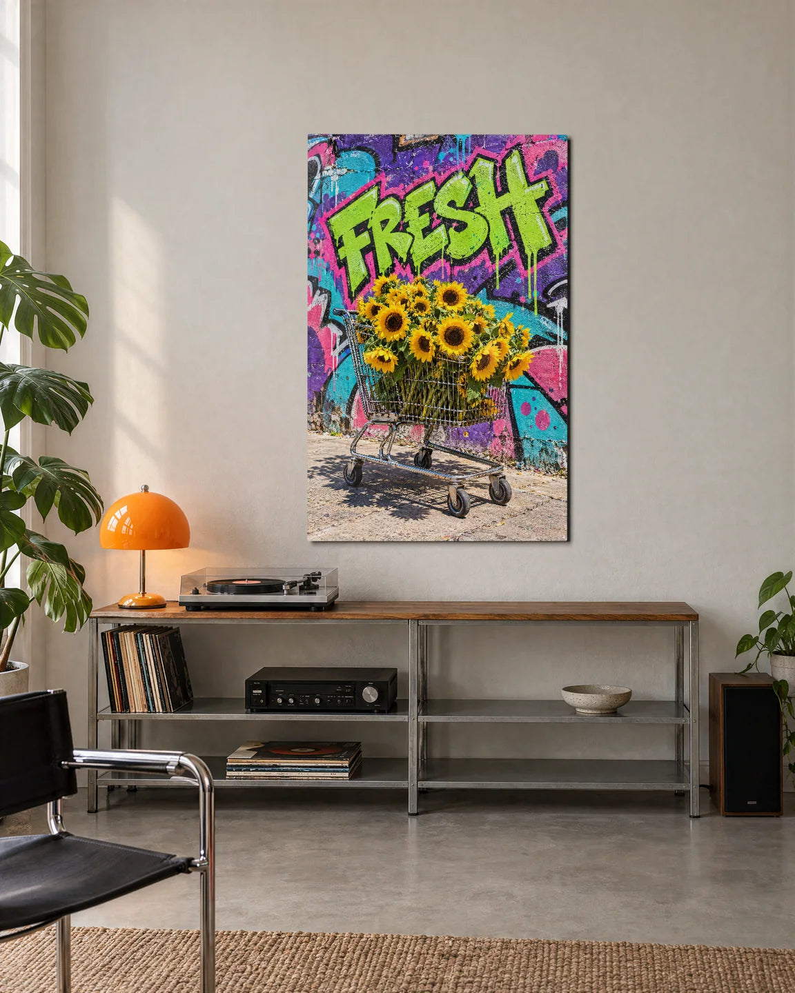 Trolley of Sunflowers — shown in a living space