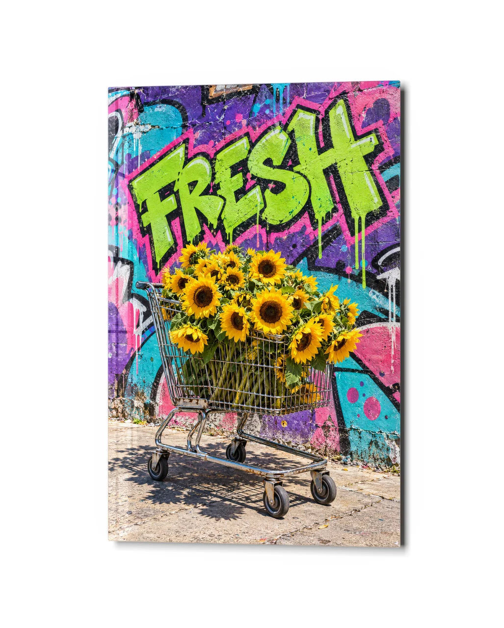 Trolley of Sunflowers — studio view of glass wall art