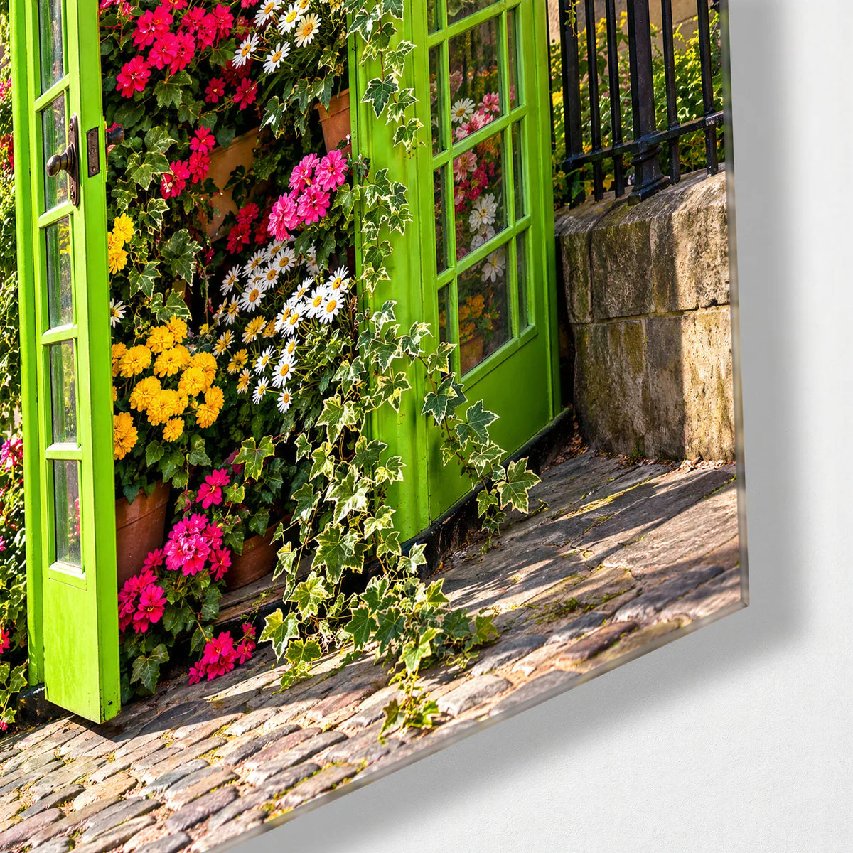 Phone Box in Bloom — corner detail of glass wall art
