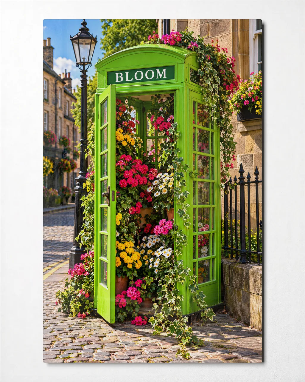 Phone Box in Bloom — front view of glass wall art
