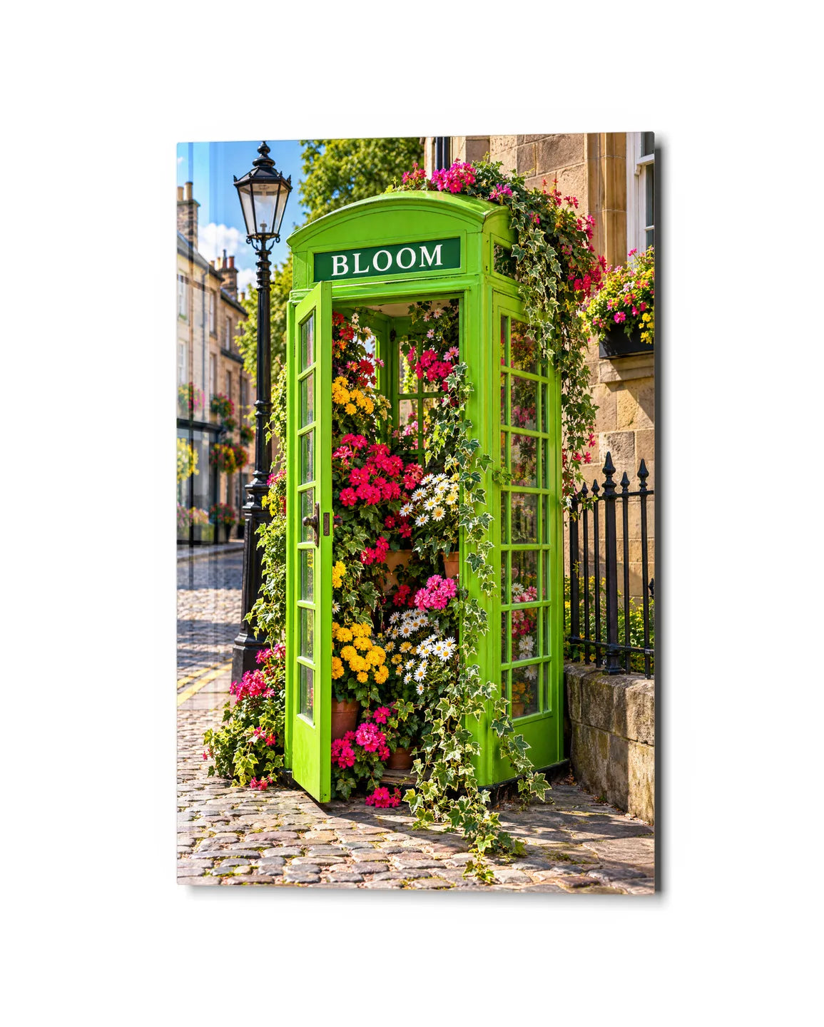 Phone Box in Bloom — studio view of glass wall art