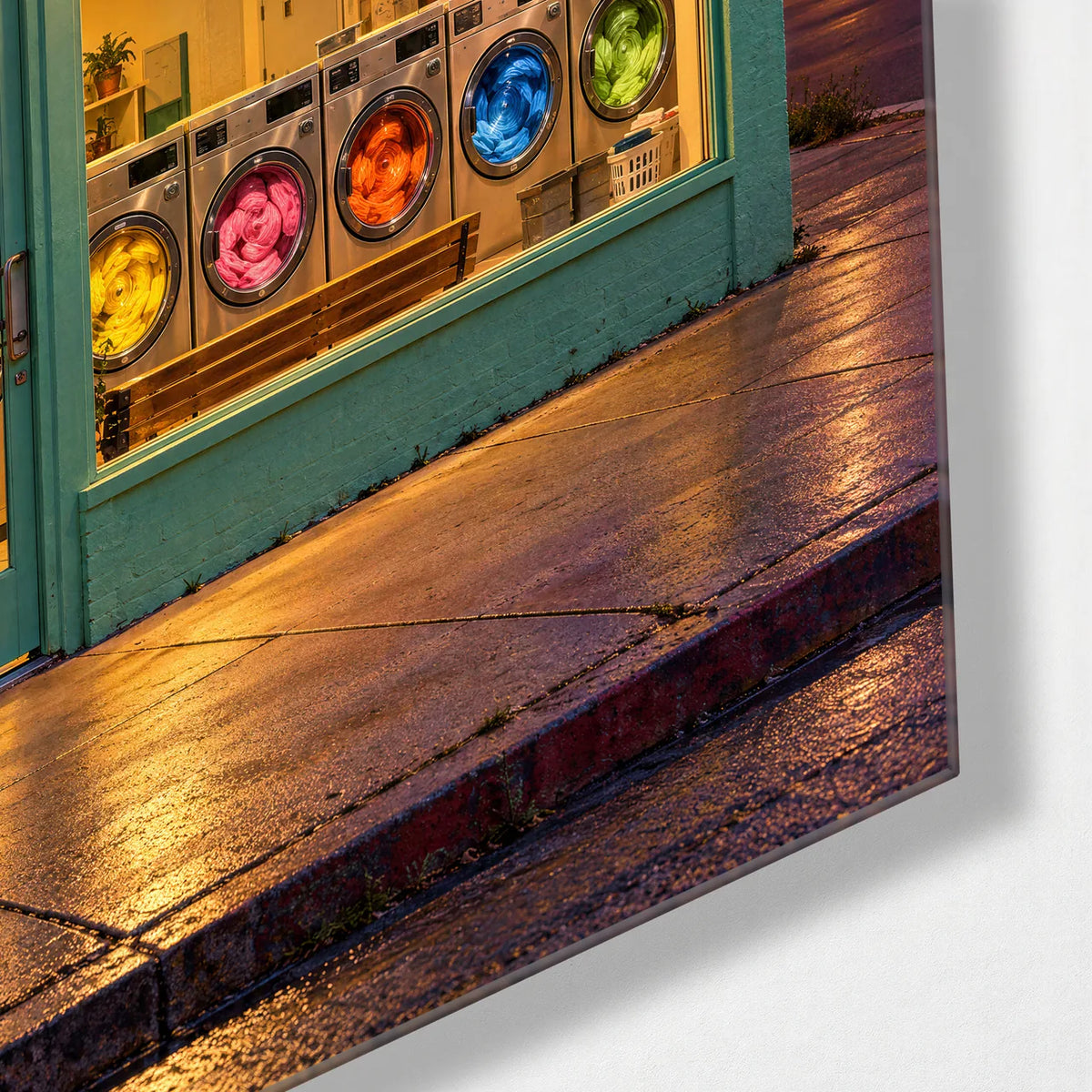 Laundromat at Dusk — corner detail of glass wall art