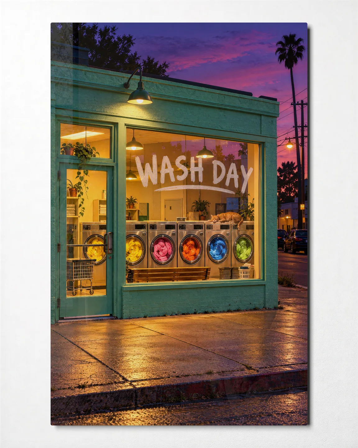 Laundromat at Dusk — front view of glass wall art