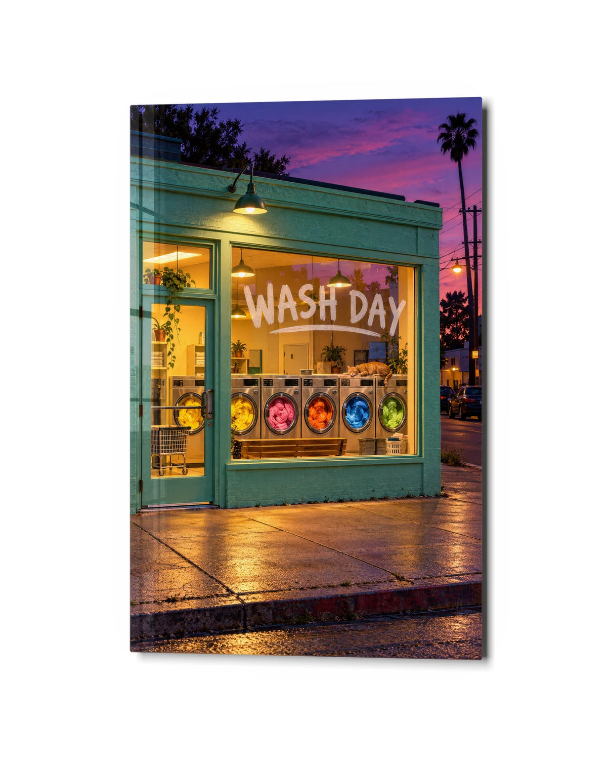 Laundromat at Dusk — studio view of glass wall art