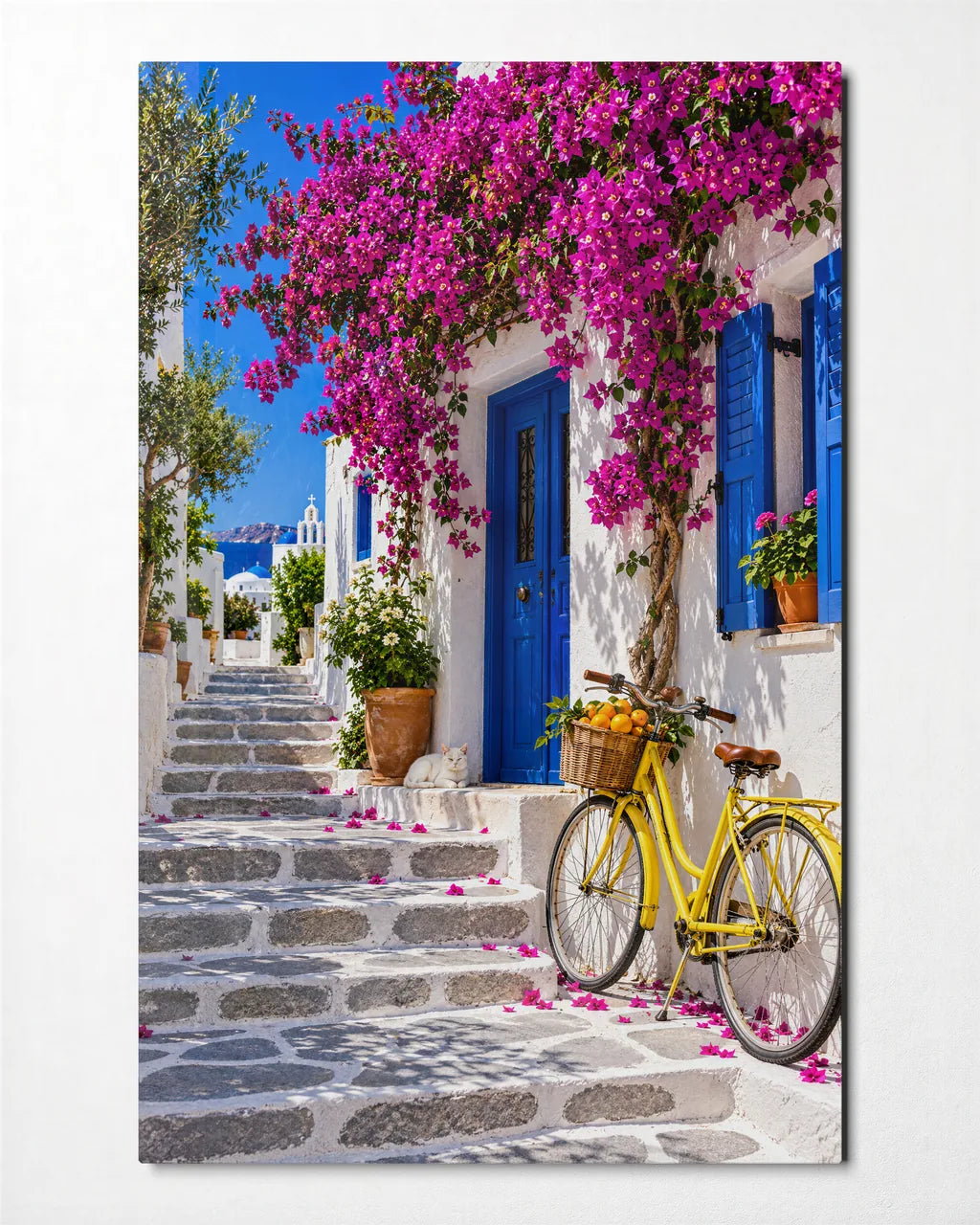 Yellow Bicycle Blue Door — front view of glass wall art
