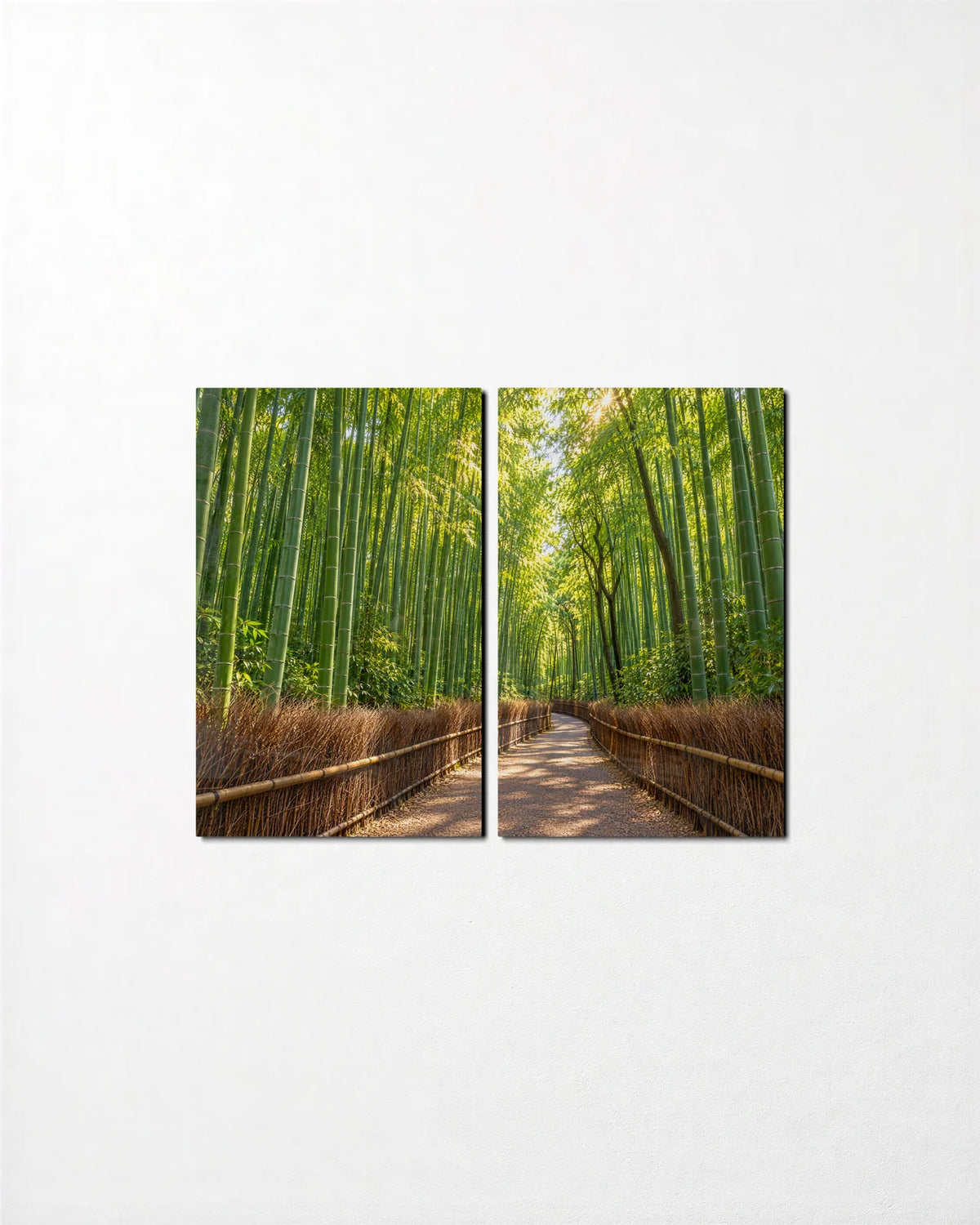 Arashiyama Bamboo Duo — 2-panel glass wall art set on a wall