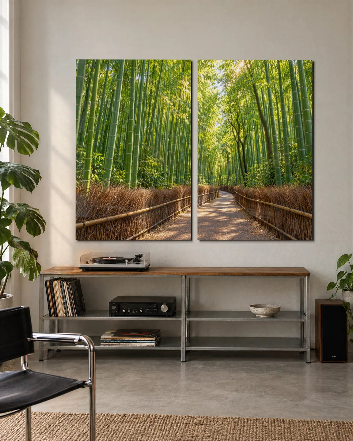 Arashiyama Bamboo Duo — 2-panel set shown in a living space