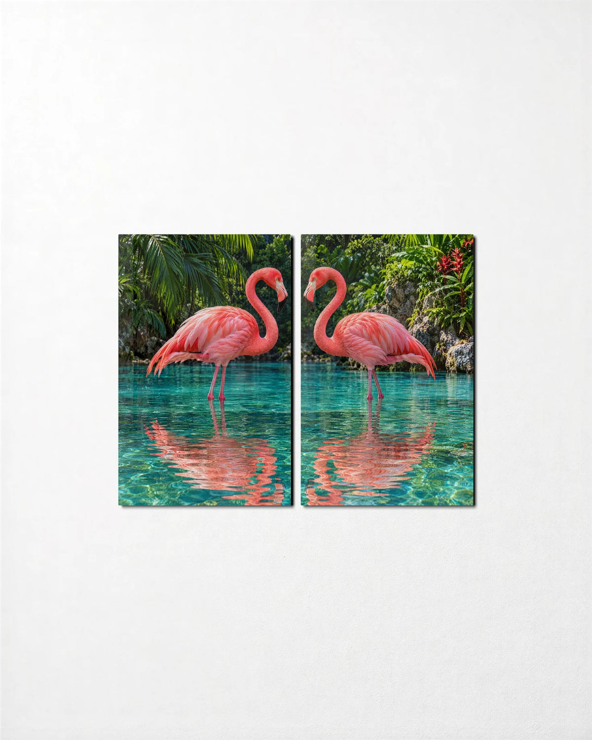 Flamingo Heart Duo — 2-panel glass wall art set on a wall