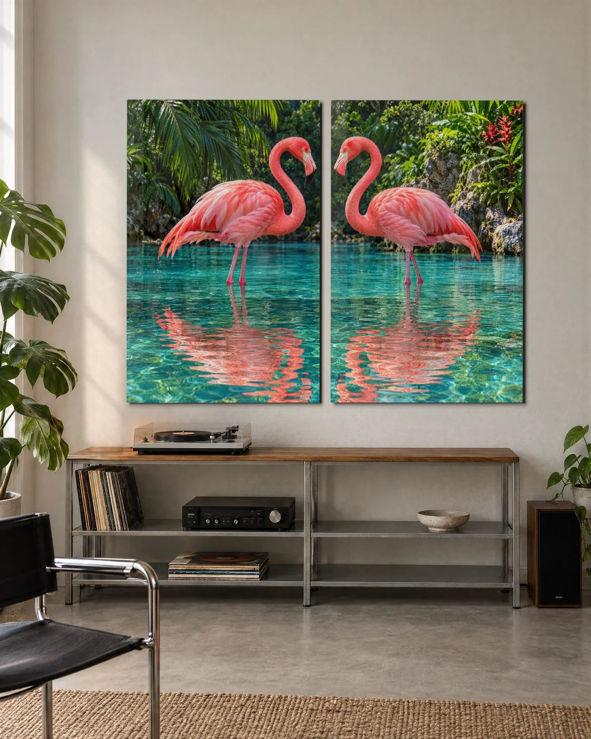 Flamingo Heart Duo — 2-panel set shown in a living space
