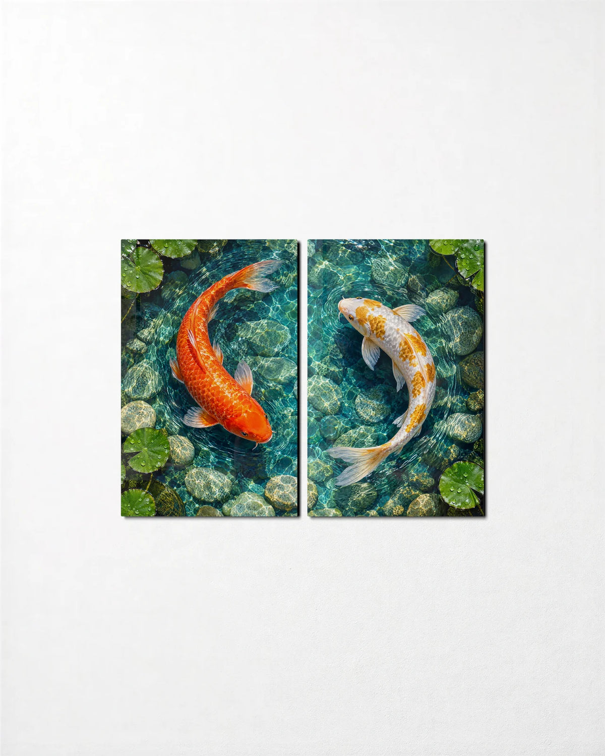 Koi Circle Duo — 2-panel glass wall art set on a wall