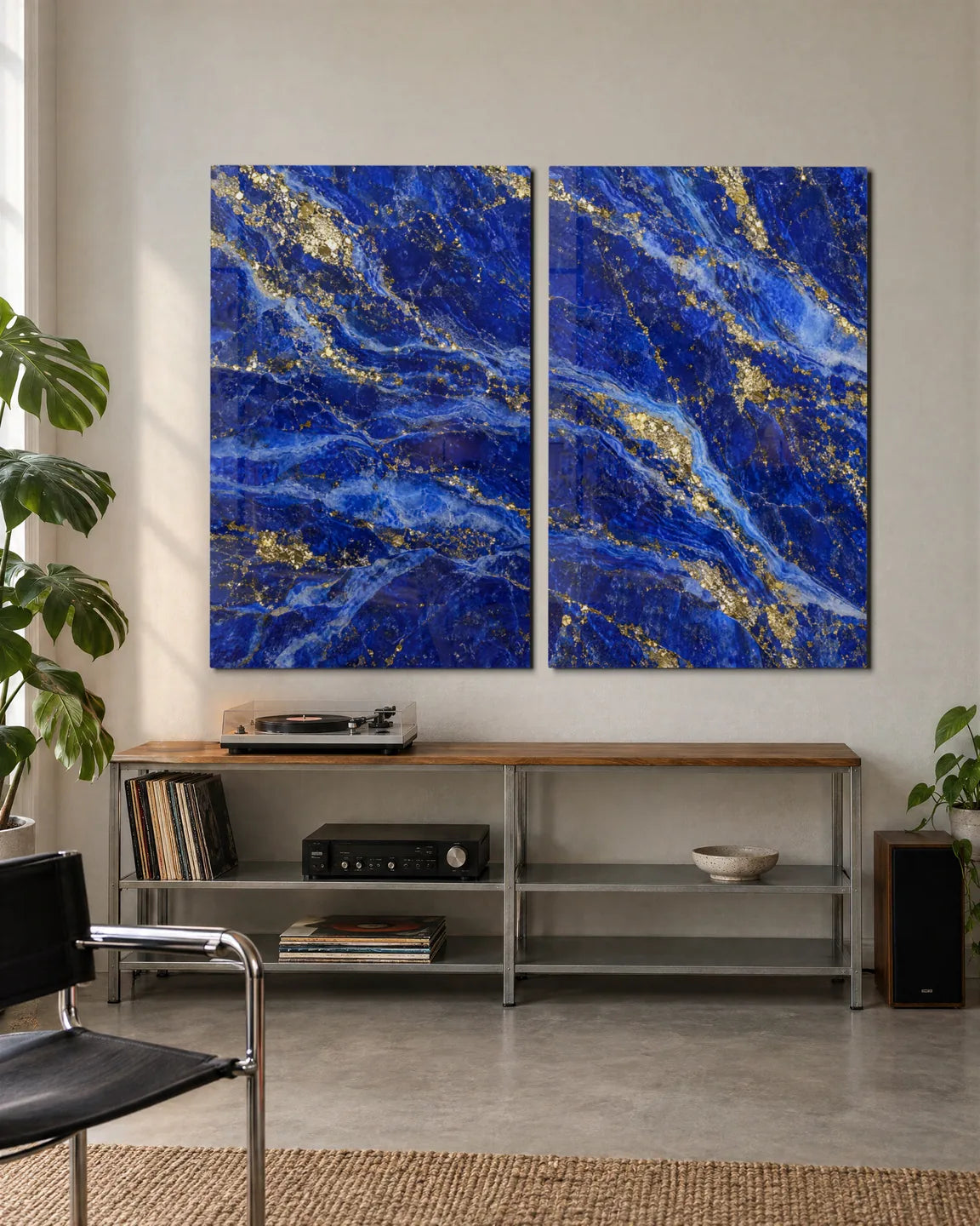 Lapis and Gold Duo — 2-panel set shown in a living space