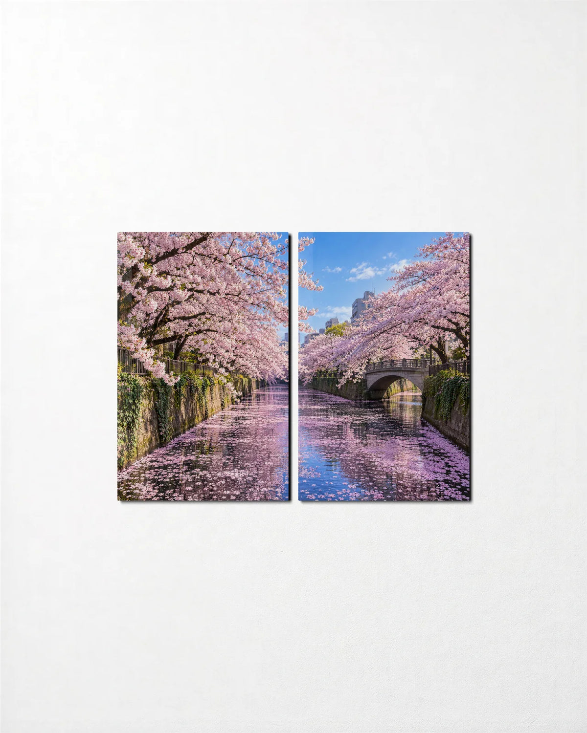 Meguro Blossom River Duo — 2-panel glass wall art set on a wall